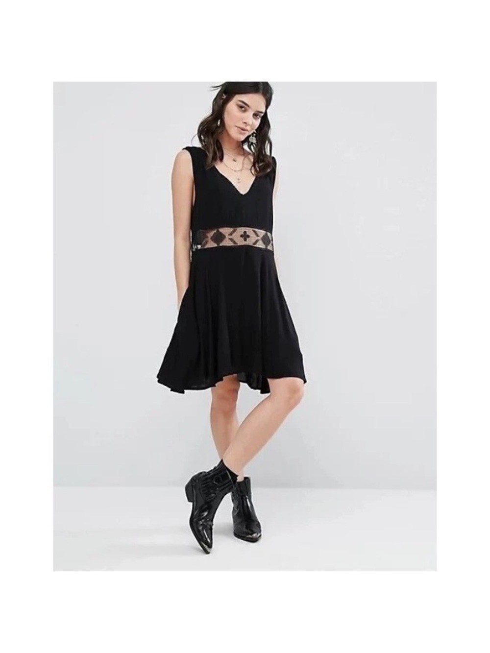 Free People Black Sleeveless V-Neck Mini Dress with Embroidered Waist